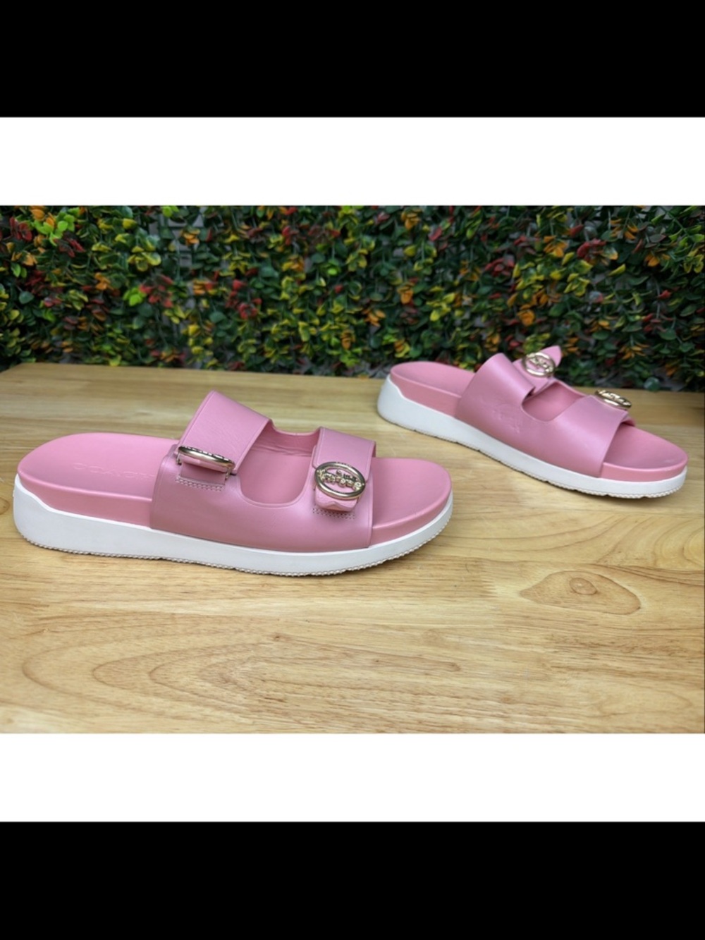 Coach Pink Double-Strap Slide Sandals with Gold Hardware - Picture 4 of 11
